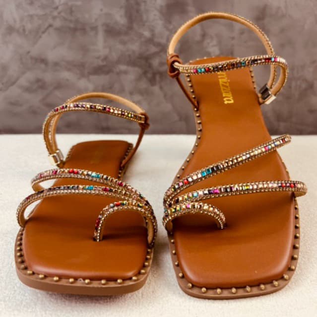 Sandália Feminina Rasteirinha Exclusiva Amizzara Brilho Stras Colorido Ajustável e Confortável