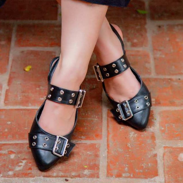 Sapatilha Aberta Bico Fino Slingback Feminino Sapato com ilhós