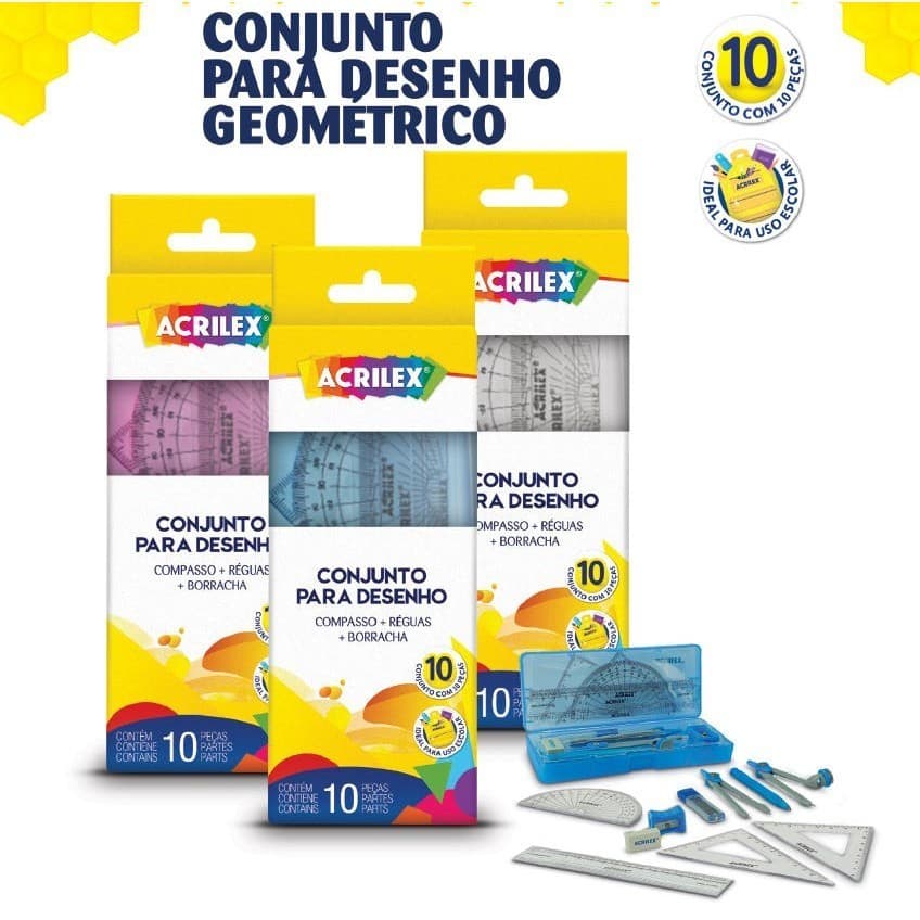 Kit Geométrico Para Desenho Acrilex Conjunto Geométrico Compasso + Réguas + Borracha + estojo