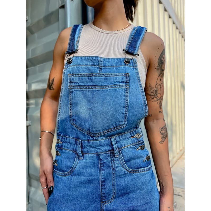 macacão jardineira jeans longo cintura altasuspensório slim