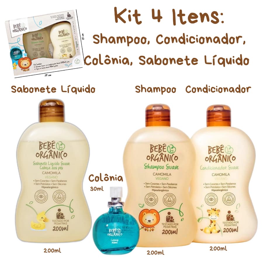 Kit Shampoo Condicionador Colônia Sem Álcool 30ml + Sabonete Líquido - Cuidado Natural Bebê - 630ml