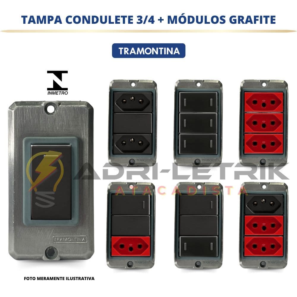 TAMPA CONDULETE  3/4  COM TOMADA E INTERRUPTOR TRAMONTINA ALUMINIO LIZ GRAFITE