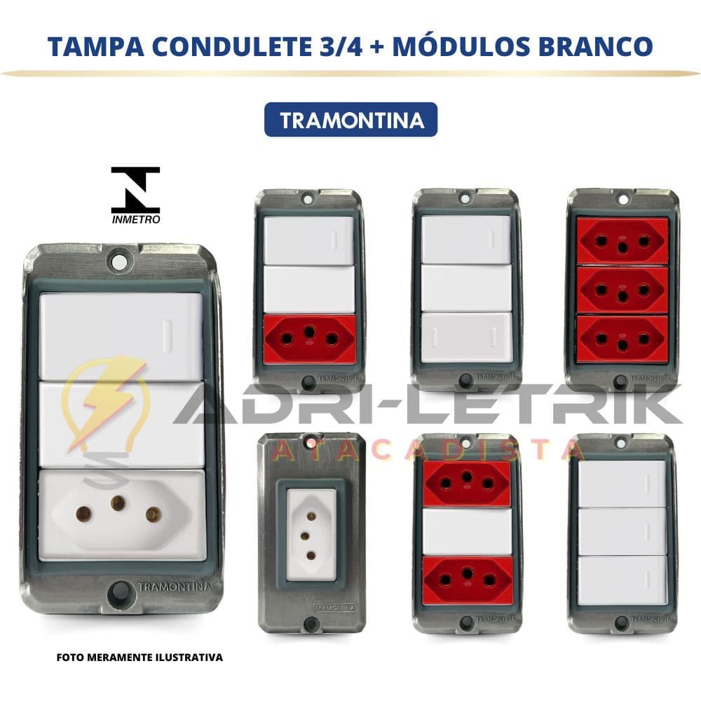 TAMPA CONDULETE  3/4  COM TOMADA E INTERRUPTOR TRAMONTINA ALUMINIO LIZ BRANCA