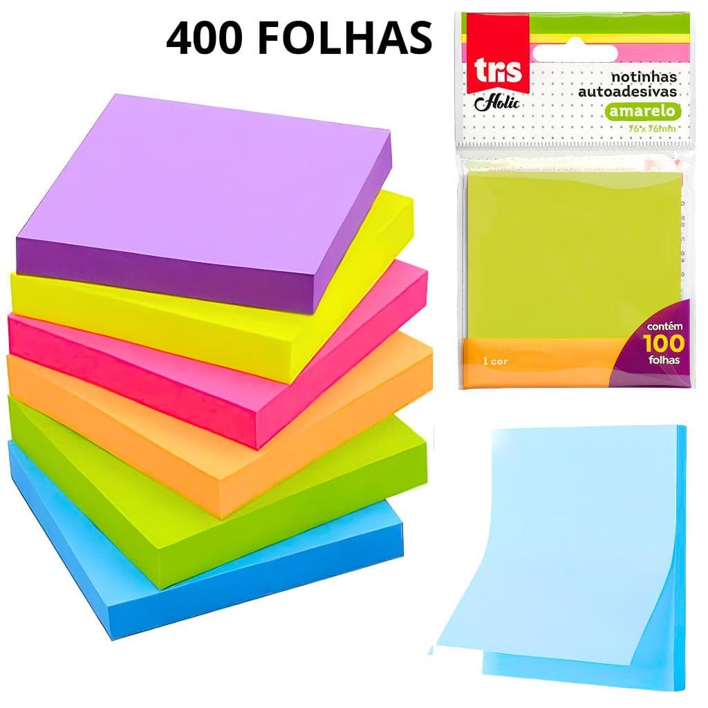 Kit Bloco De Notas 76x76mm Até 400 Bloco Adesivo Para Anotações Colorido