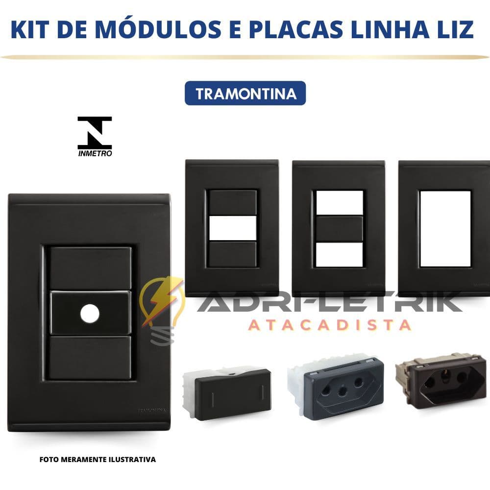 KIT DE MÓDULOS TOMADA 10A, 20A, INTERRUPTOR SIMPLES, PARALELO, PLACAS 4X2 LIZ GRAFITE TRAMONTINA