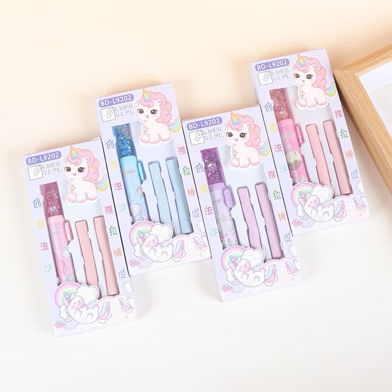 Caneta borracha retrátil apagador acompanha 2 refil papelaria kawaii