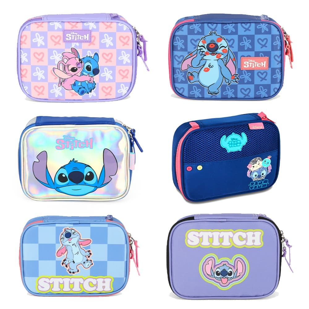 Estojo Stitch Grande Box Universitário Disney Azul Lilo Desenho Tsum Tsum 36 Elásticos 100 Pens
