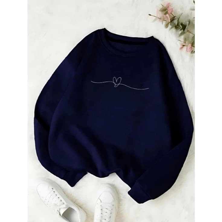 Moletom Careca Gola Redonda Linha de Coração Feminino Blusa de Frio Algodão