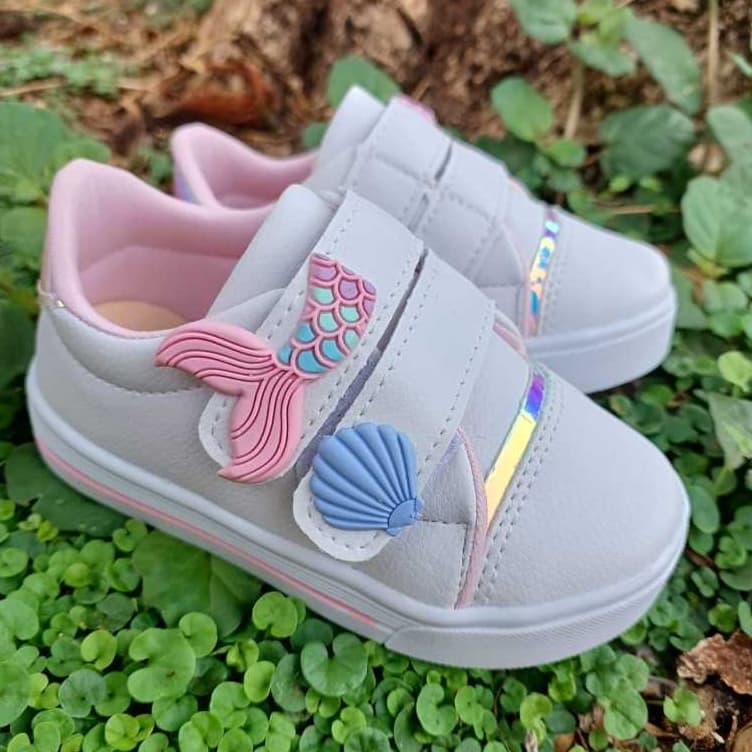 Tênis Infantil Menina Moda Blogueirinha Sereia Detalhe em Laço Panda Conforto Antiderrapante Bebê