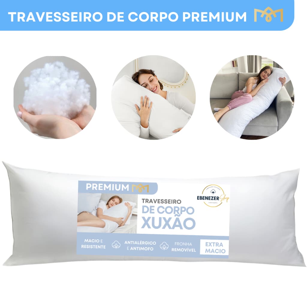 Travesseiro Corpo Xuxão Fibra Siliconada Antialérgico Macio Antimofo Gestante Alívio Coluna Premium