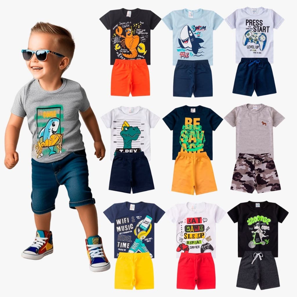 kit 8 peças de roupas são 4 conjuntos masculino infantil bebê nenem menino verão bermuda e camisa tamanhos do P ao 10