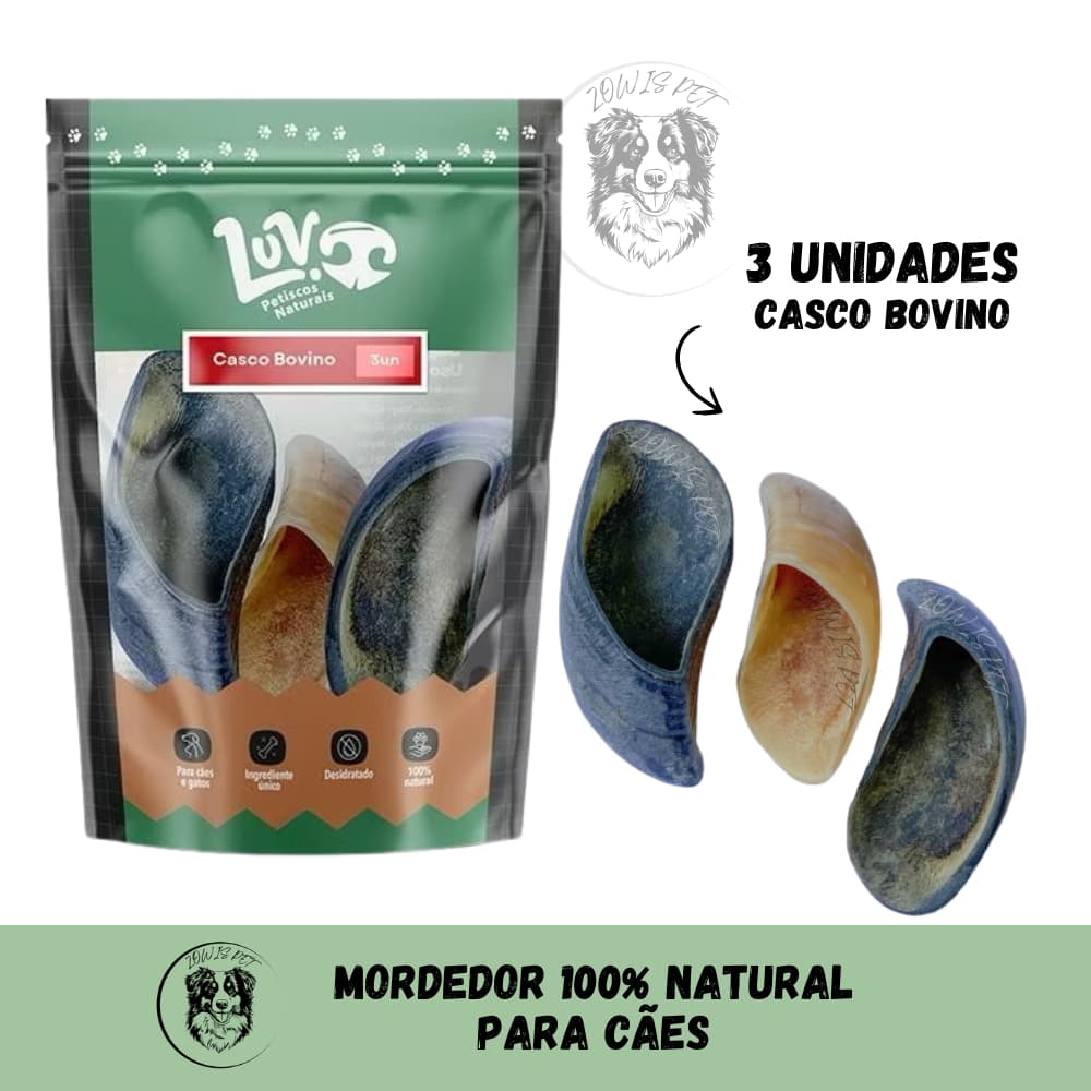 Cascos Bovino Natural Grande com 3un Mordedor Para Cães - Luv Petiscos