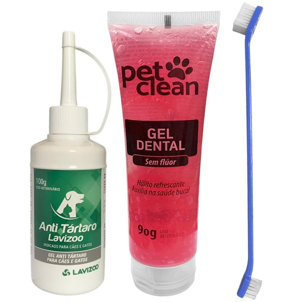 Kit Removedor de Tartato Lavizoo 100g Cães E Gatos + Escova Dupla + Pasta de Dente Gel Pet Sabores