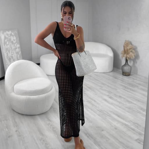 Vestido Saída de Praia Tricot Rendada Longa Elegante Verão Piscina