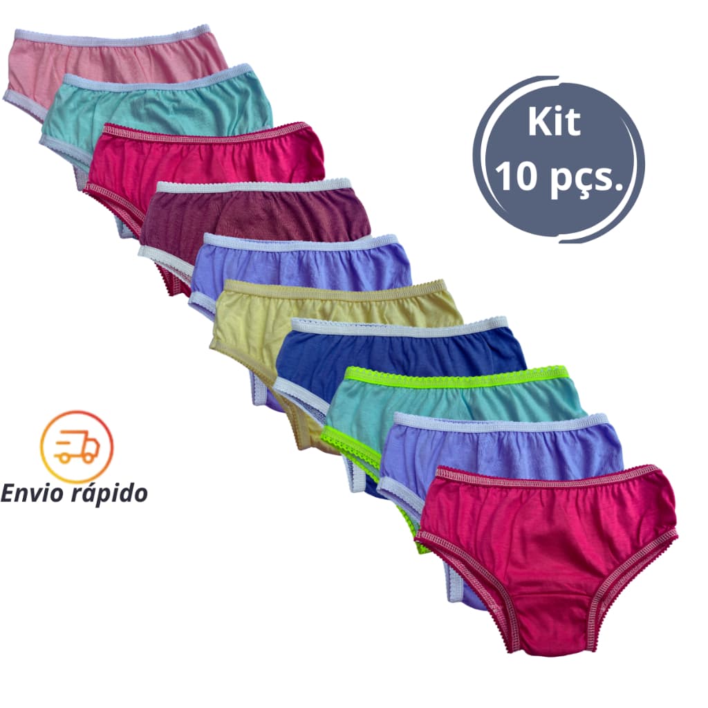 Kit 10 Calcinha 100%  Algodão Infantil com  Forro Cores Sortidas e Lisas