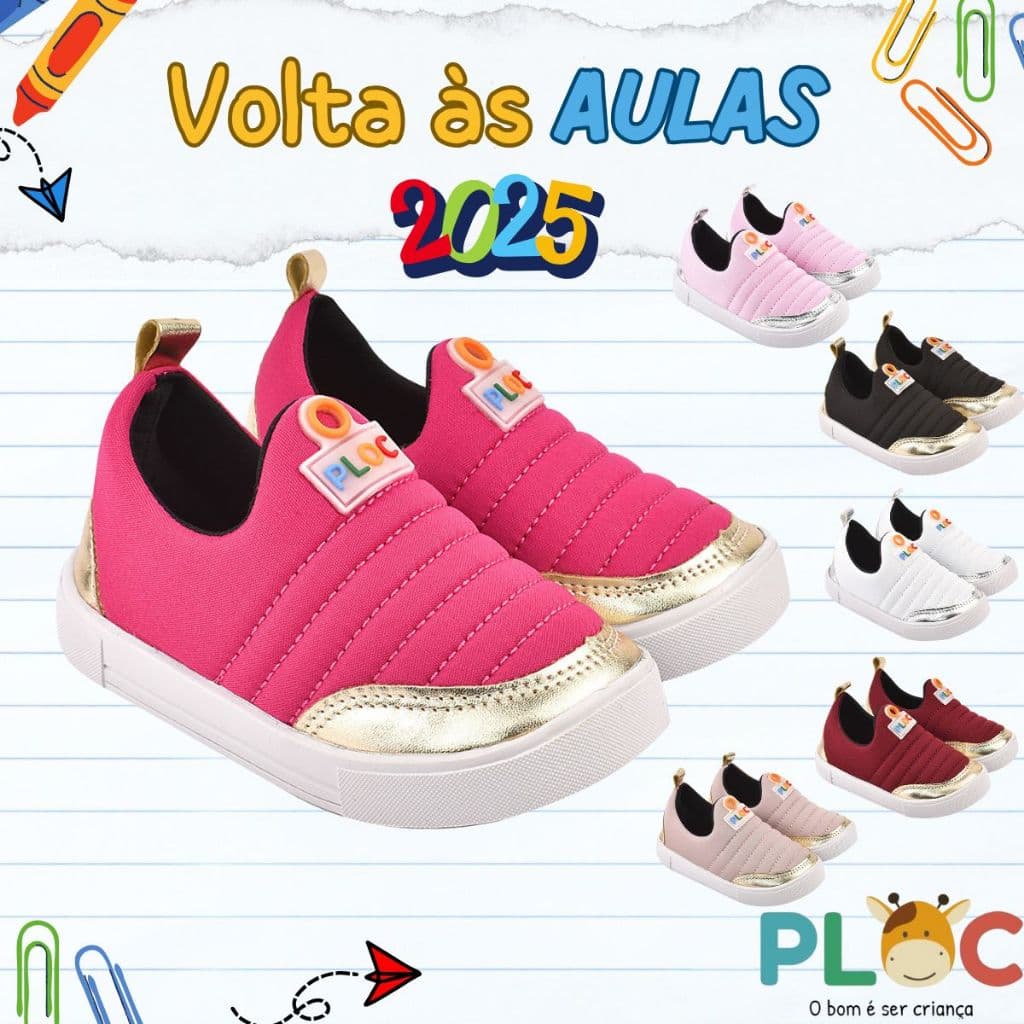 Tênis Ploc Street Calce Fácil Slip On Flat Anatômico Pink com Dourado infantil