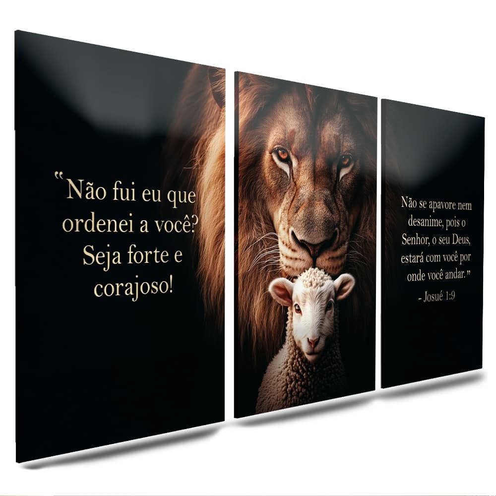 Kit de Quadros Decorativos Para Quartos e Sala Leão Cordeiro Seja Forte e Corajoso Religioso 3 peças (L. OVELHA)