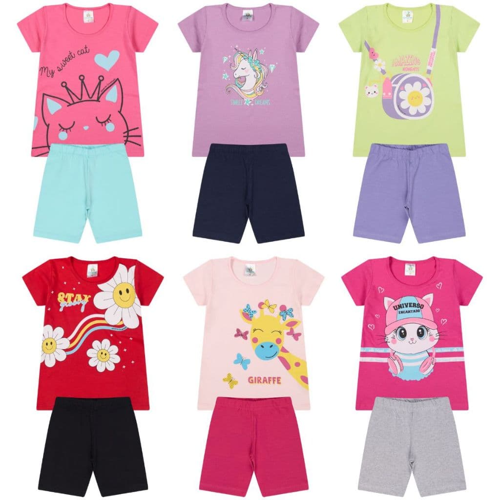 Kit Sortido 6 Peças de Roupas Bebe Menina Conjunto Ciclista Tamanho 1 ao 10