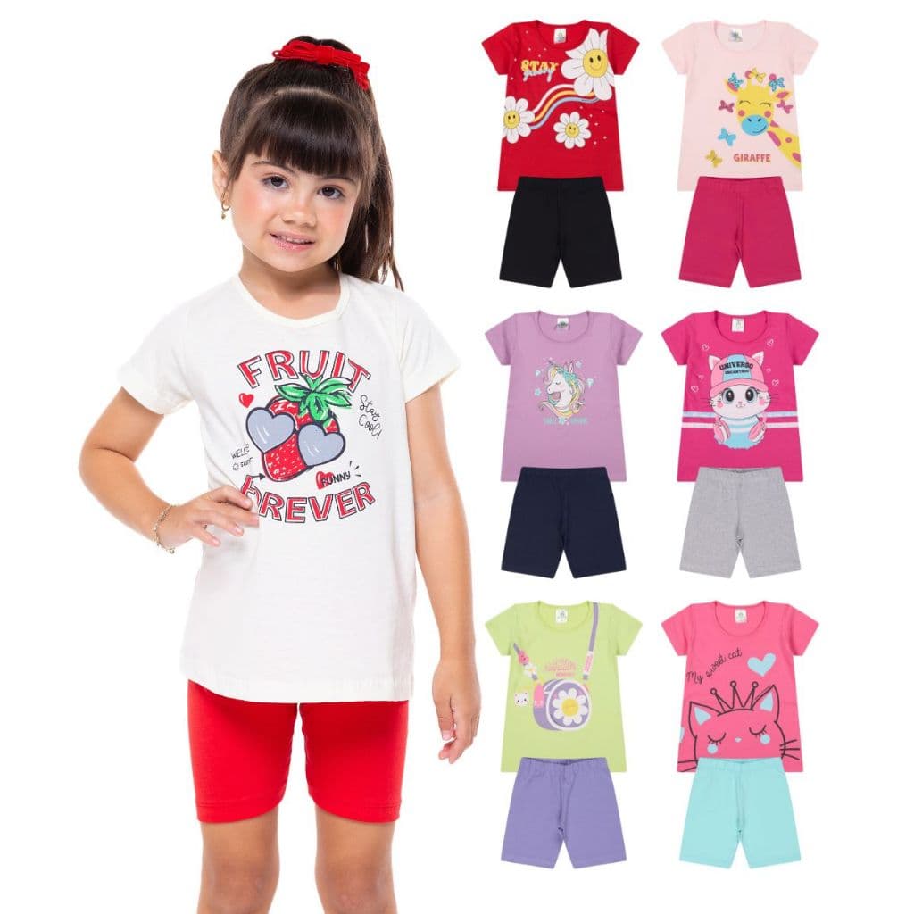 Kit Sortido 6 Peças de Roupas Infantil Menina Conjunto Ciclista Tamanho 1 ao 10