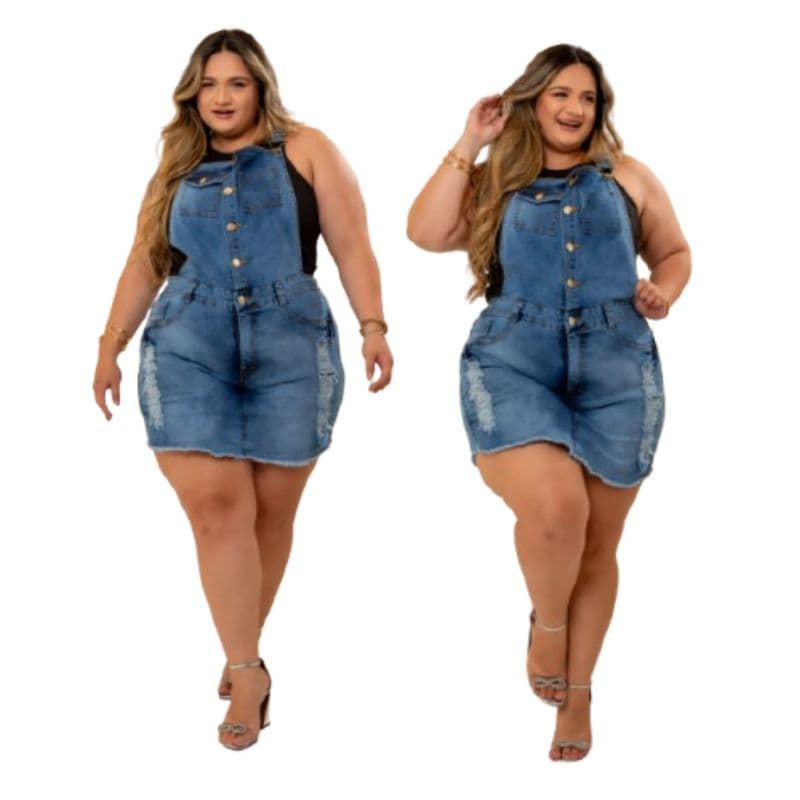Jardinheira Short Saia Jeans Feminino Plus Size Laycra Luxo