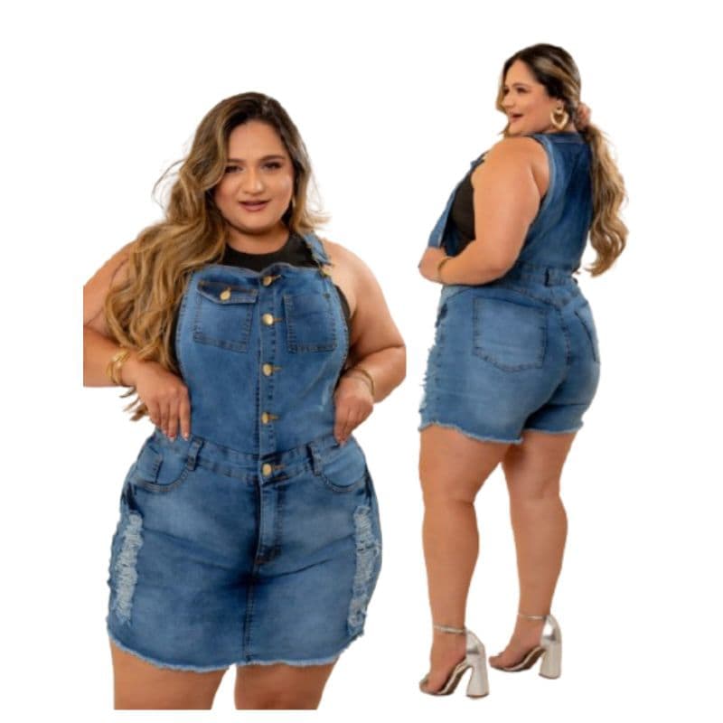 Jardinheira Short Saia Jeans Feminino Plus Size Regata
