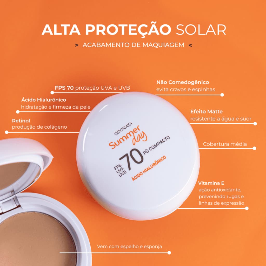 Filtro Solar em Pó Compacto FPS 70 Pele Clara Média e Morena 6,5 g Summer Day