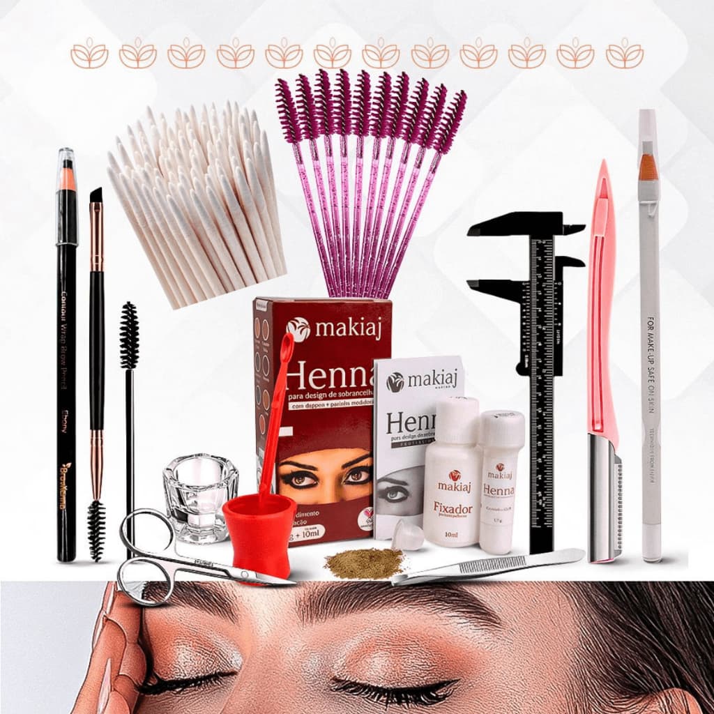 Kit Sobrancelha Henna makiaj + Palito Henna + Navalha + Paquímetro + Tesoura + Pincel + Dappen + Lápis + Dermatografico