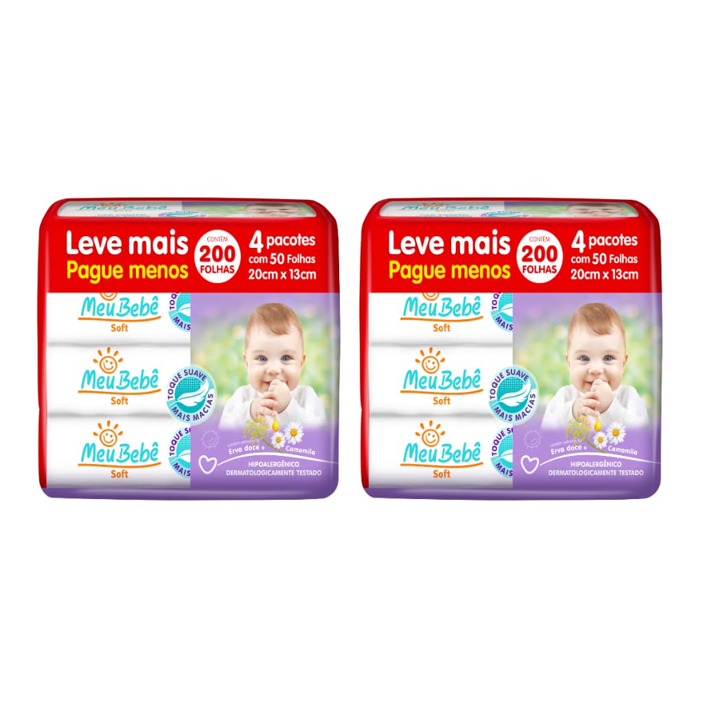 Toalha Umedecida Meu Bebê Soft 400 Folhas - 2 Packs de 200 Folhas - (8undX50fls)