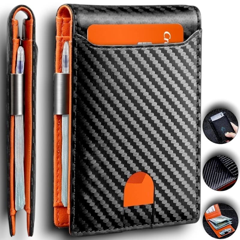 Carteira Fibra De Carbono Porta-Cartões Masculina Preta Mágica Tripla De Couro