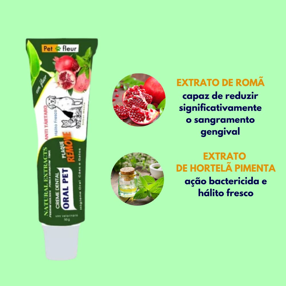Creme Dental PET Enzimático 100% Natural Petfleur - Anti-Tártaro e Cáries para Cães e Gatos – C/ Escova dental Pet