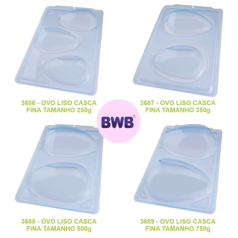 Forma Ovo de Páscoa Casca Fina 50g 80g 250g 350g 500g 750g Semiprofissional 3 partes (c/ Silicone) - BWB