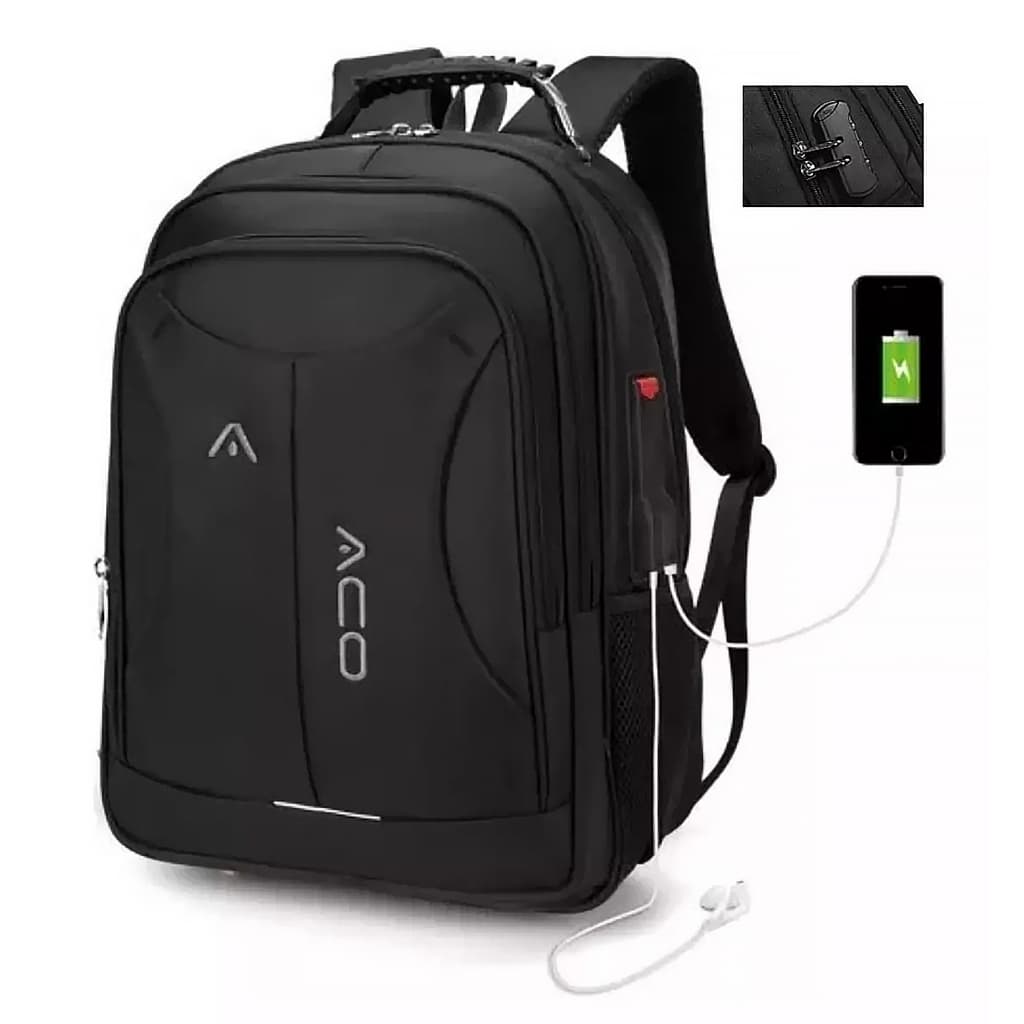 Mochila Unissex Notebook com Senha e Entrada para USB/ Fone de Ouvido Impermeável + Alça Reforçada