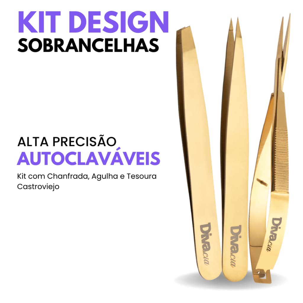 Kit Pinças Design De Sobrancelhas Tesoura Sobrancelha, Chanfrada, Agulha Profissional - Autoclavável