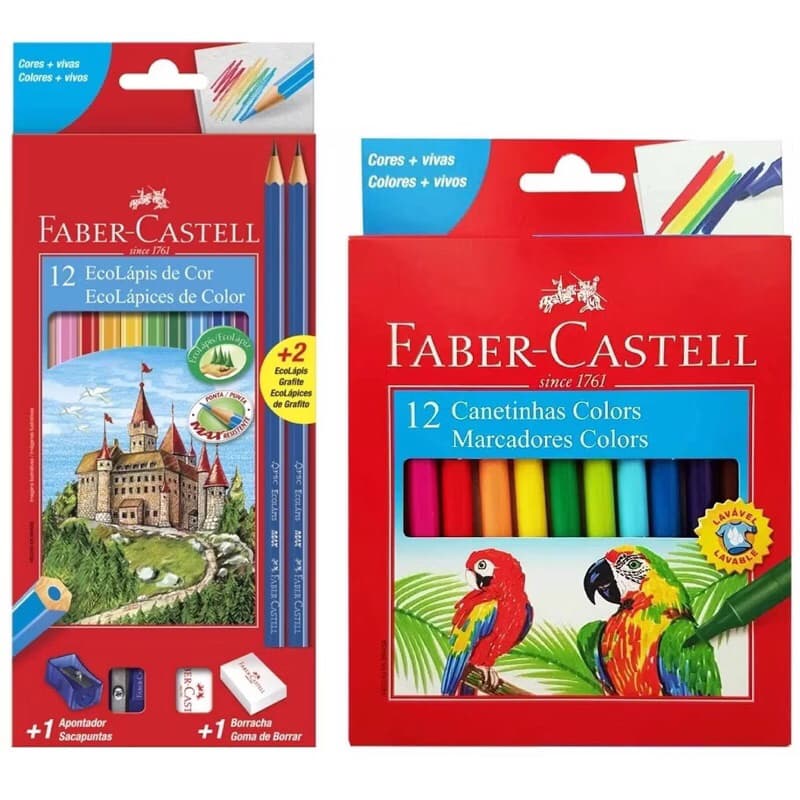 Kit Lápis de cor Faber Castell 12 cores + dois lápis + apontador + borracha + canetinha com 12 cores