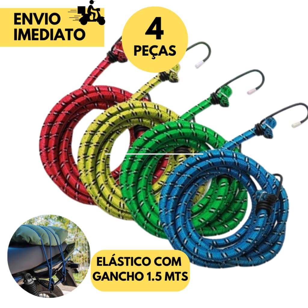 4 Corda Elástica para Bagageiro com 2 Ganchos Tam 1,50mt x 8mm Moto Motoboy, Amarrar Bagagens Bike Coloridos 4 Unidades