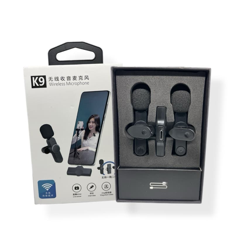Microfone de Lapela Sem Fio K9 – Duplo Wireless Recarregável p/ Celular, Gravações, Live e Vídeos