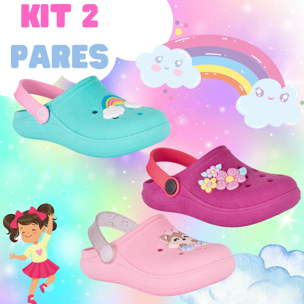 Kit 2 Babuche Infantil Menina Sandália Slide Original Leve e Macio Confortável Estiloso para Criança