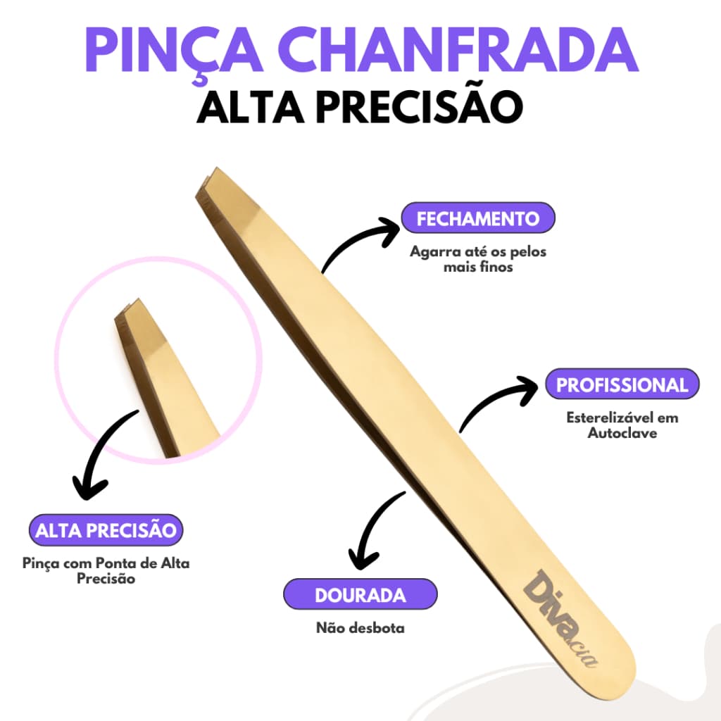 Pinça Chanfrada para Design de Sobrancelhas Depilação Autoclavável Profissional