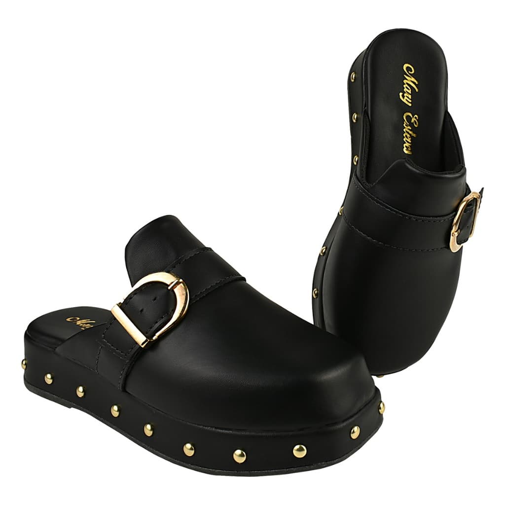 Tamanco Mule Anabela com Bico Redondo Babuche Confortável