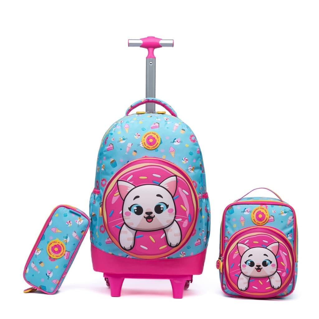 Kit Mochila de Rodinha Gatinho Feminina Infantil Estojo Escolar Lancheira Térmica