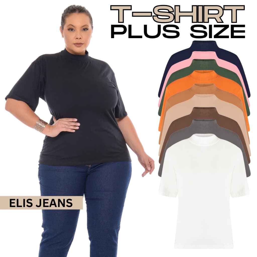 Blusa Plus Size Feminina Gola Alta Camiseta Básica 100% Algodão