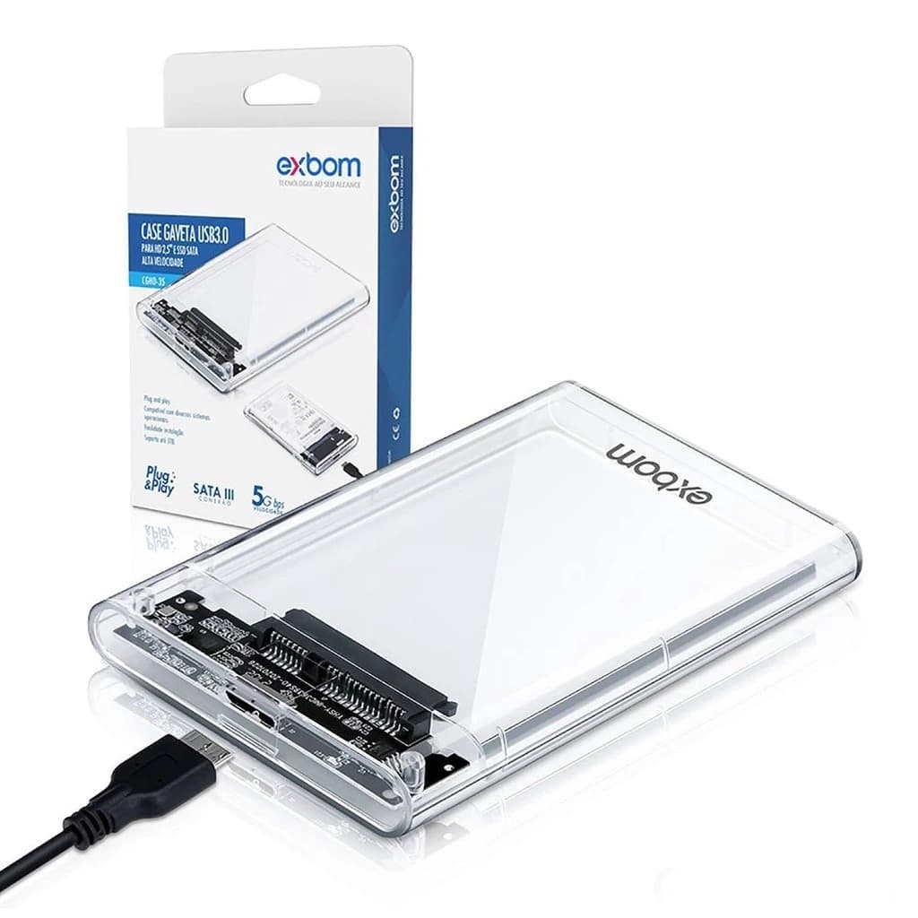 Case Externo USB 3.0 TRANSPARENTE para HD 2.5" SSD SATA Exbom