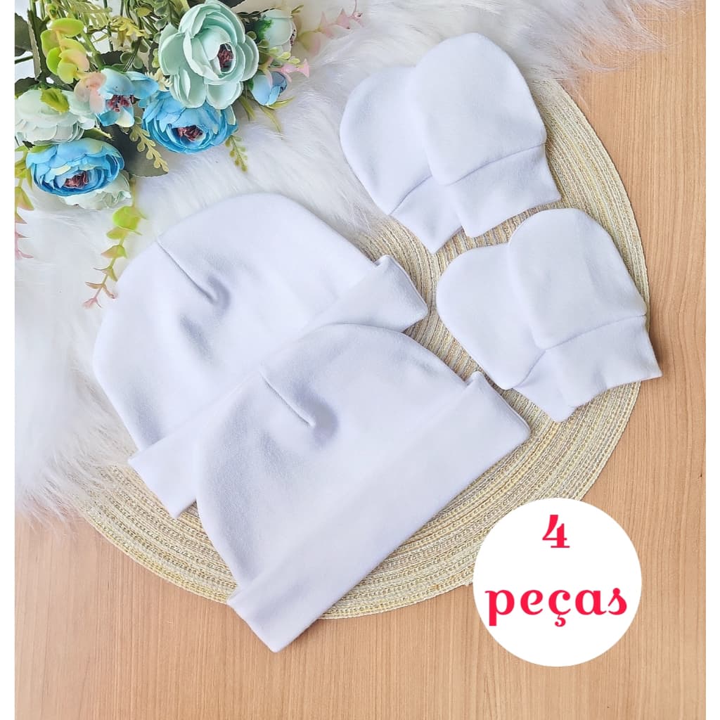 Kit 2 Touca e 2  Luva Para Bebê Recém Nascido 100% Algodão Antialérgico Maternidade