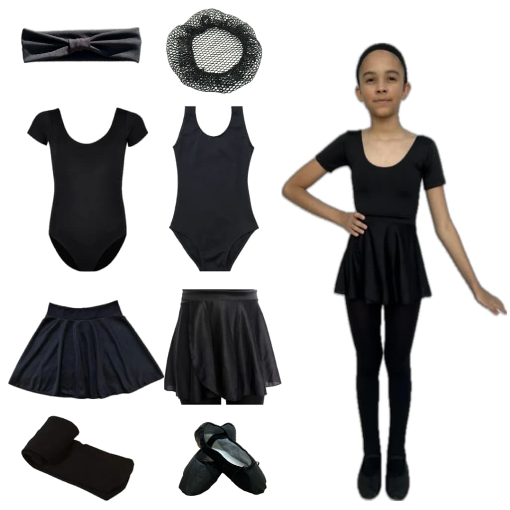 Kit Ballet Infantil Preto 8 Peças: Faixa + Rede + Collant Regata + Collant + Saia Cós + Saia Transpas.+ Meia + Sapatilha
