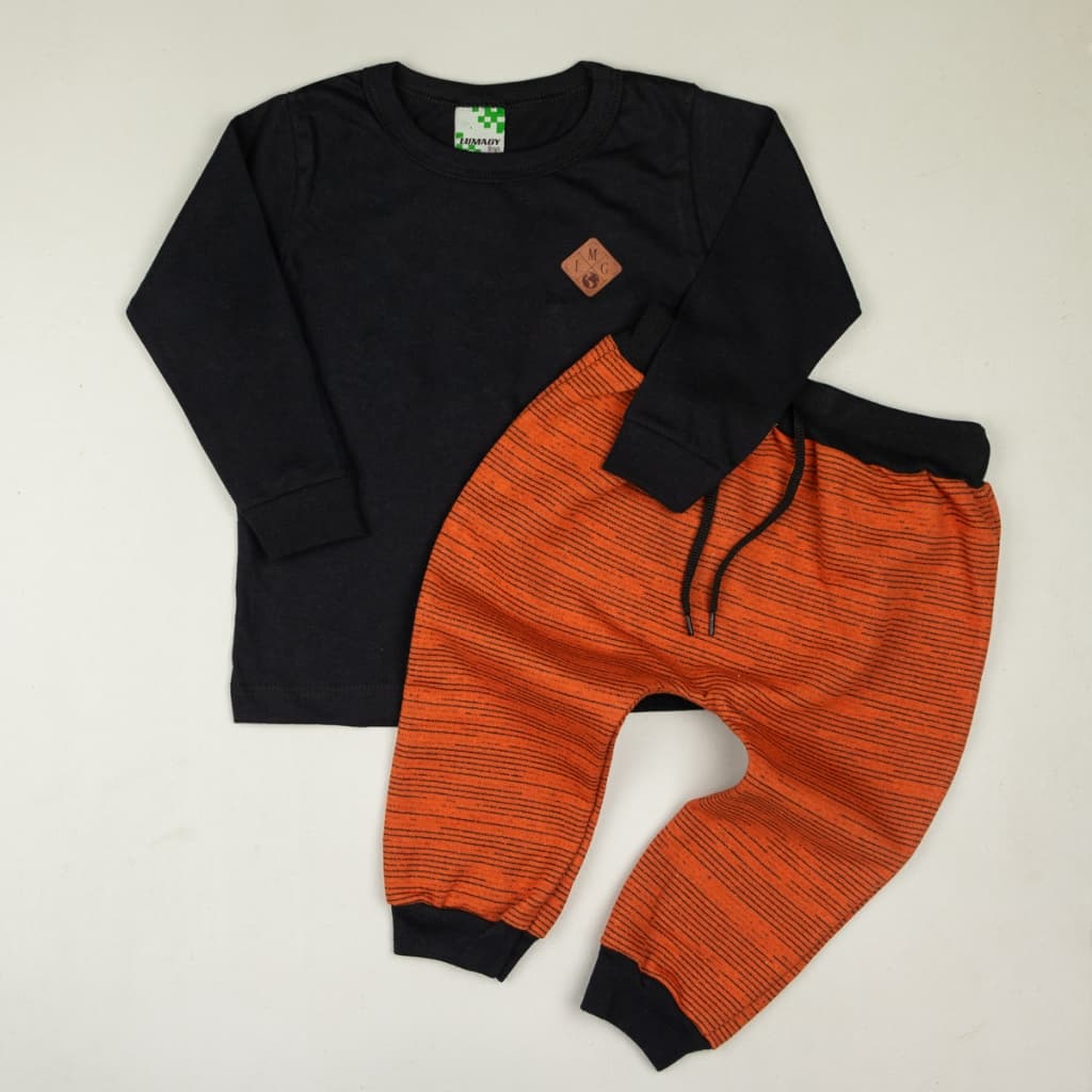 Conjunto infantil inverno menino camiseta m/l e calça em moletinho 1/2/3 anos
