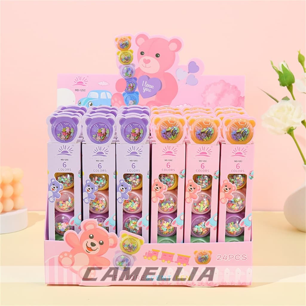 Kit de 6 Cores Marca-Texto Mini Fofinho em Forma de Ursinho com Lantejoulas