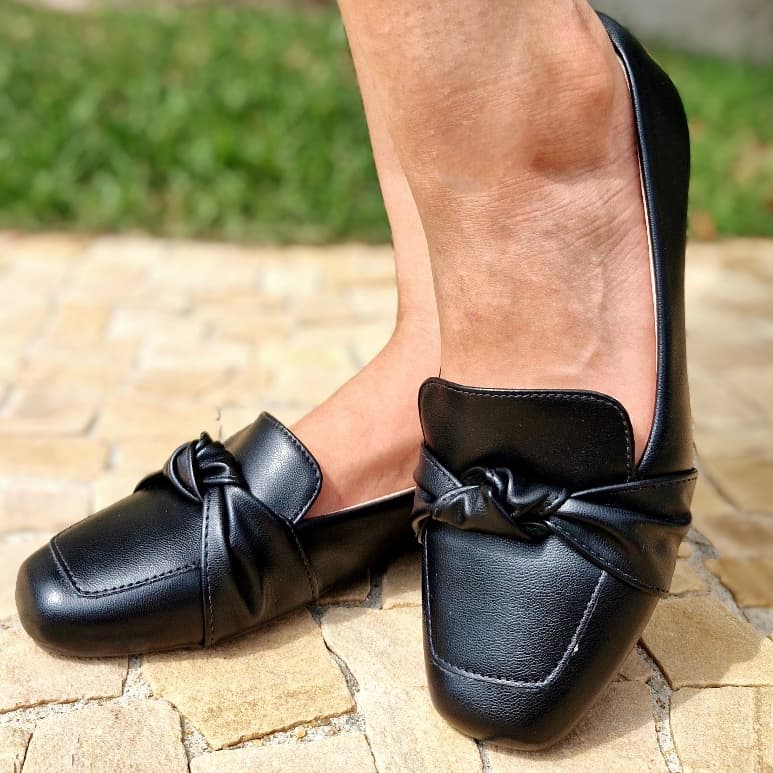 Sapatilha Mocassim Feminino Bico Quadrado Preto Moda Casual Elegante Delicada Confortável Dia a Dia