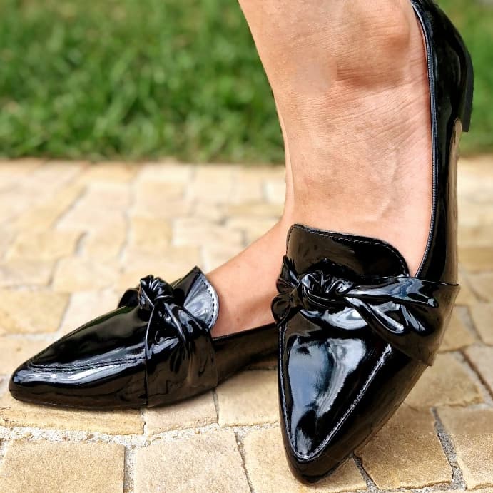 Sapatilha Mocassim Feminino Bico Fino Verniz Preto Nó Moda Casual Elegante Confortável