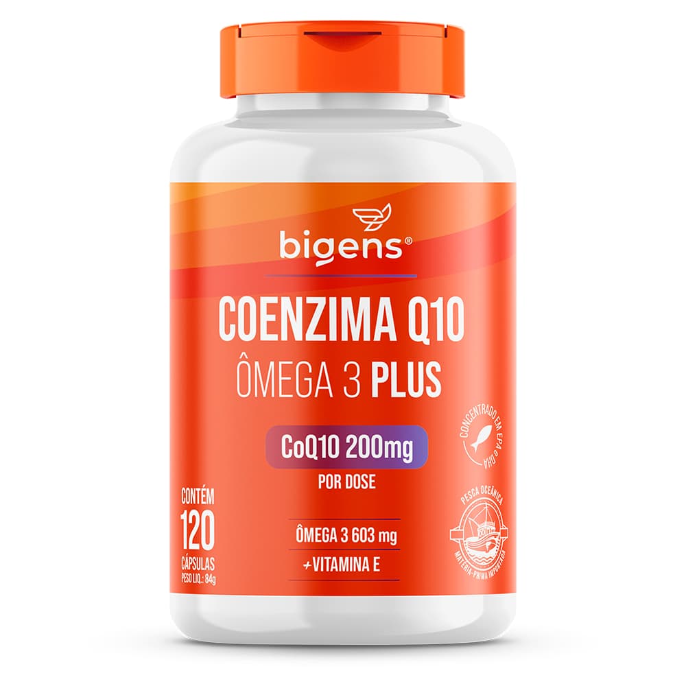 Coenzima Q10 + Ômega 3 TG Plus: 200mg CoQ10, 603mg Ômega 3 + Vitamina E | 120 Cápsulas | Bigens