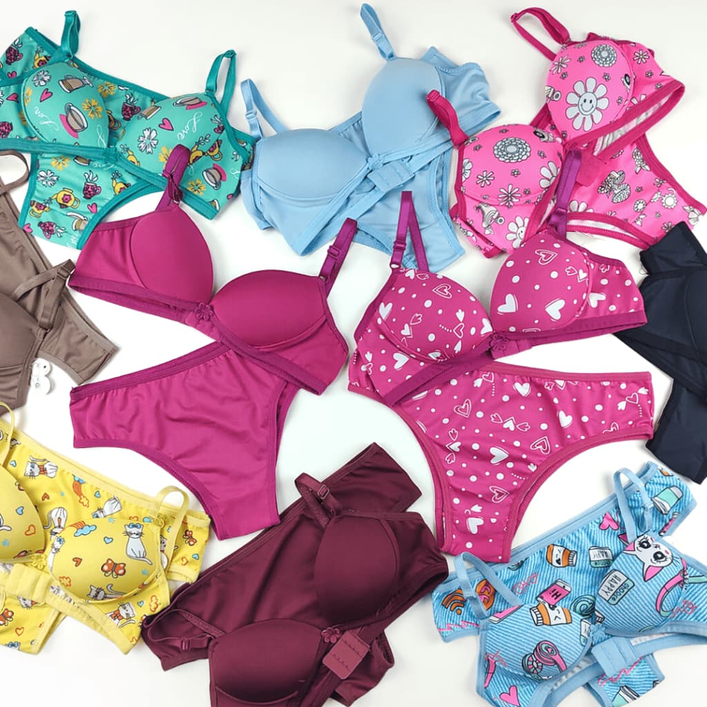 4 Calcinhas E Sutia Juvenil Com Bojo Lingerie Estampado Liso